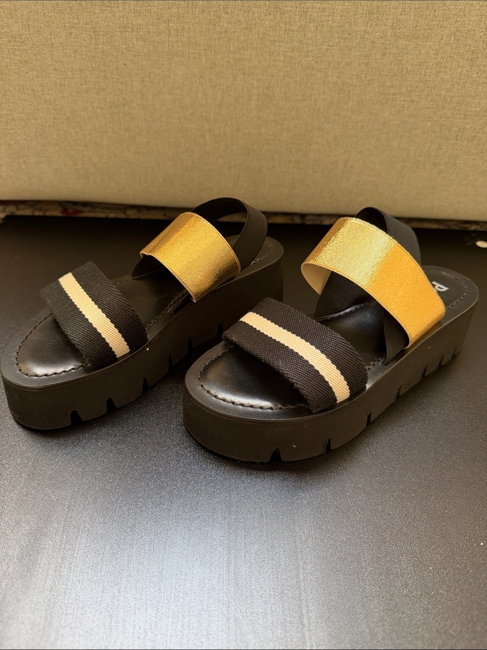 Pollini Black, Gold & Cream Striped Elastic Strap Sandals